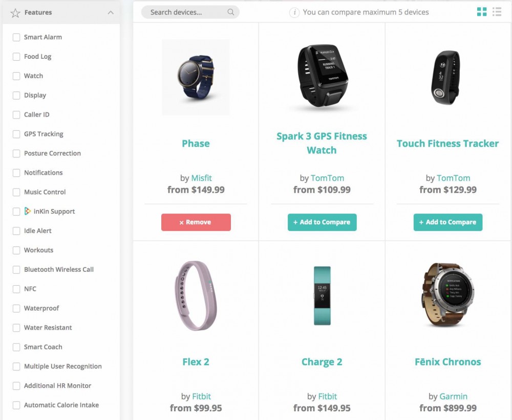 inKin Fitness Trackers Comparison Tool Step 2